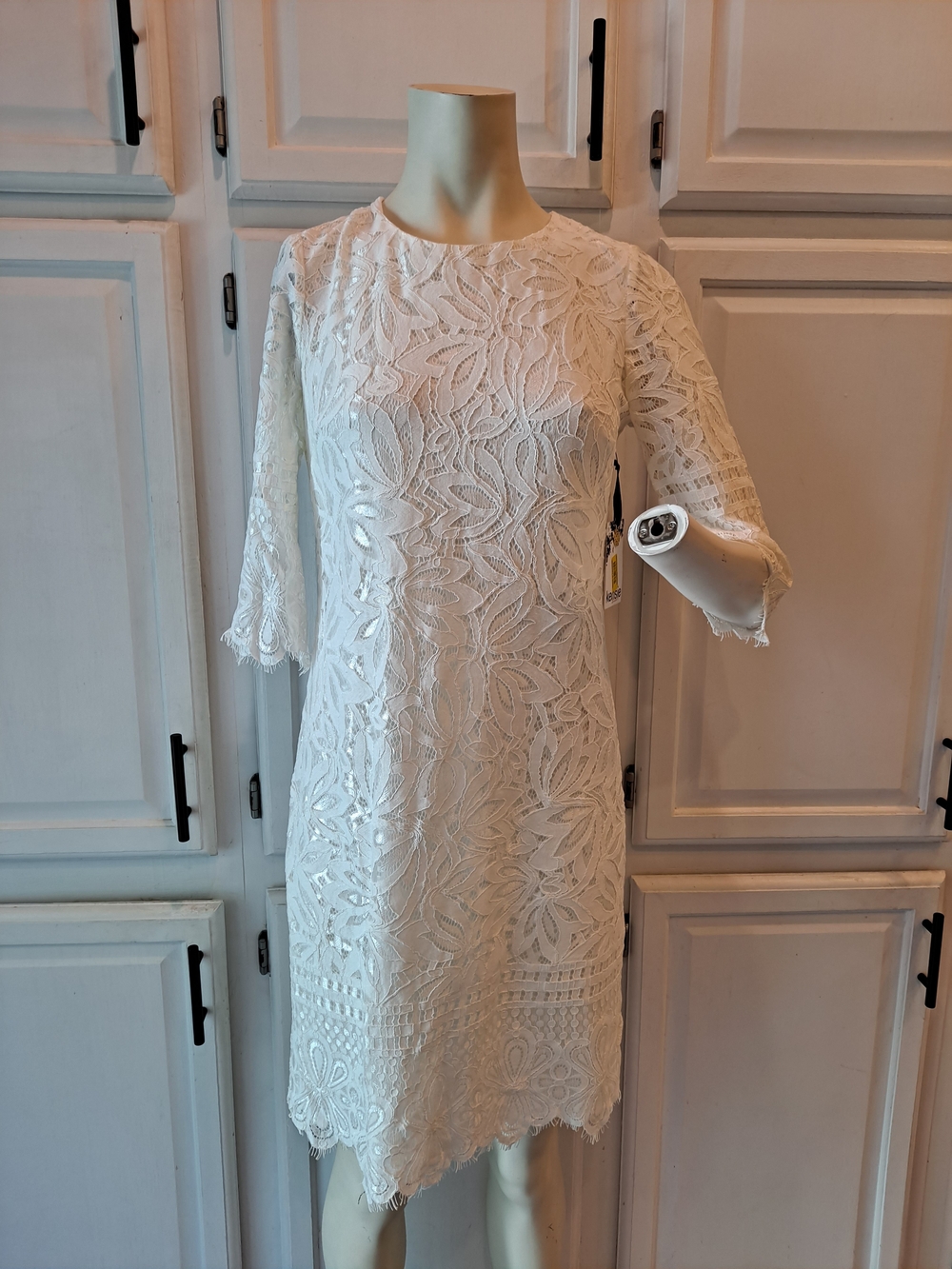Kensie White Lace Midi Sheath Romantic Formal Bridal Bell Sleeve Dress